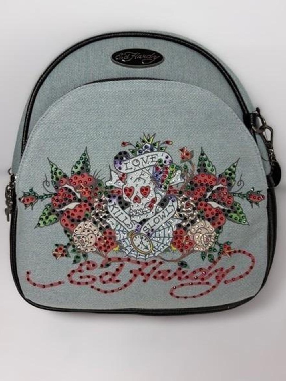 Ed Hardy Light Denim Mini Backpack “Love Kills Slowly” Graphics and Rhinestones